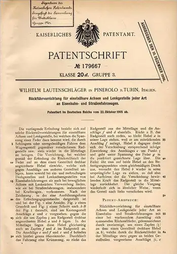 Original Patentschrift - W. Lautenschläger in Pinerolo , Italia , 1905 , Apparecchio per la ferrovia e tram !!!