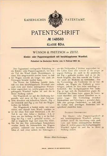 Original Patentschrift - Wünsch & Pretzsch in Zeitz , 1903 , Korb für Kinderwagen und Puppenwagen , Puppe !!!