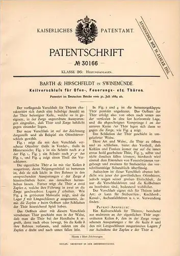 Original Patentschrift - Barth & Hirschfeldt in Swinemünde / &#346;winouj&#347;cie , 1884 , Heizung , Ofen , Tür , Feuer