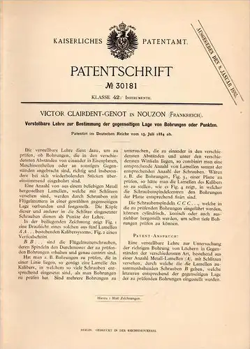 Original Patentschrift -V. Clairdent - Genot à Nouzon ,1884,Outil pour le forage, l'ingénierie, la machine , Nouzonville