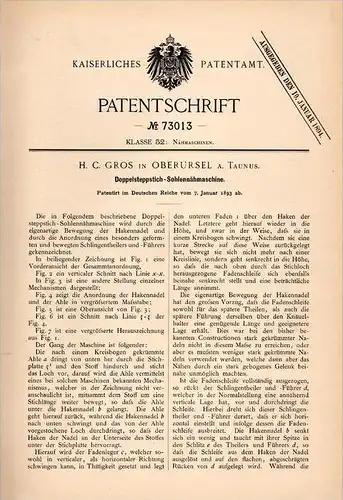 Original Patentschrift - H.C. Gros in Oberursel / Taunus , 1893 , Sohlen - Nähmaschine , Schuster , Näherei , Schuhe !!!