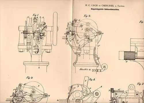 Original Patentschrift - H.C. Gros in Oberursel / Taunus , 1893 , Sohlen - Nähmaschine , Schuster , Näherei , Schuhe !!!