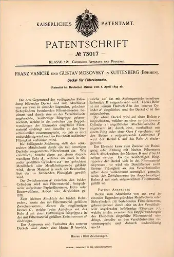 Original Patentschrift - F. Vanicek und G. Mosovsky in Kuttenberg / Kutná Hora , 1893 , Deckel für Filter , Chemie !!!