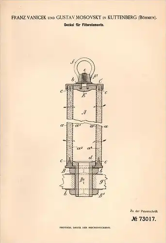Original Patentschrift - F. Vanicek und G. Mosovsky in Kuttenberg / Kutná Hora , 1893 , Deckel für Filter , Chemie !!!