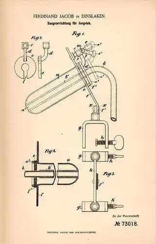 Original Patentschrift - F. Jacob in Dinslaken , 1893, Saugapparat für Jungvieh , Viehzucht , Tierzucht , Landwirtschaft