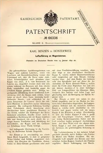 Original Patentschrift - Karl Benzien in Hosterwitz b. Dresden , 1892 , Apparat für Wagenlaternen , Laterne !!!