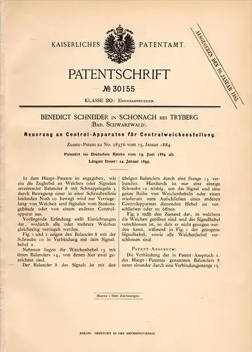 Original Patentschrift - B. Schneider in Schonach b. Triberg , 1884 , Weichen - Controllapparat , Weiche , Eisenbahn !!!