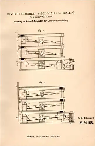 Original Patentschrift - B. Schneider in Schonach b. Triberg , 1884 , Weichen - Controllapparat , Weiche , Eisenbahn !!!
