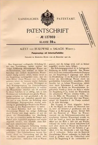 Original Patentschrift - Alexy von Bukowski in Salach i. Württ., 1900 , Pumpenanlage , Wasserwerk , Wasserpumpen !!!