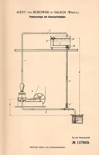 Original Patentschrift - Alexy von Bukowski in Salach i. Württ., 1900 , Pumpenanlage , Wasserwerk , Wasserpumpen !!!