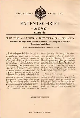 Original Patentschrift - F. Emslander in Eichstätt , 1901 , Läuterrohr mit Hülse , F. Wörz in München !!!