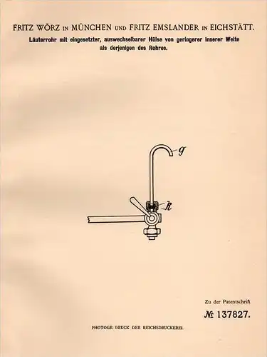 Original Patentschrift - F. Emslander in Eichstätt , 1901 , Läuterrohr mit Hülse , F. Wörz in München !!!