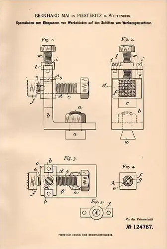 Original Patentschrift - B. Mai in Piesteritz b. Wittenberg , 1900 , Apparat für Werkzeugmaschinen , Werkzeug !!!