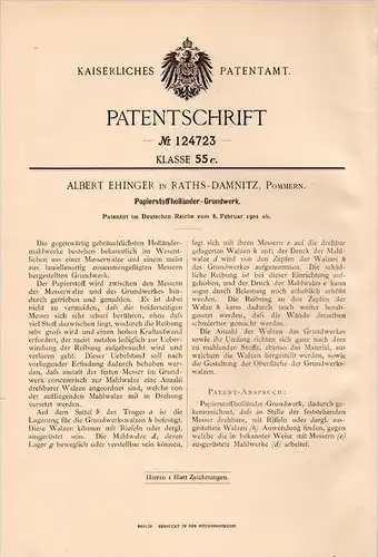Original Patentschrift -A. Ehinger in Rathsdamnitz i. Pom.,1901 ,Mahlwerk für Papier , D&#281;bnica Kaszubska , Papierfa