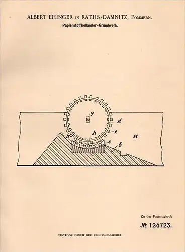 Original Patentschrift -A. Ehinger in Rathsdamnitz i. Pom.,1901 ,Mahlwerk für Papier , D&#281;bnica Kaszubska , Papierfa