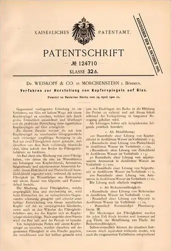 Original Patentschrift - Dr. Weiskopf in Morchenstern i. Böhmen ,1900, Herstellung von Kupferspiegel auf Glas , Smržovka