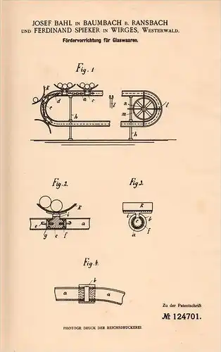 Original Patentschrift - J. Bahl in Baumbach b. Ransbach und Wirges i. Westerwald , 1900, Apparat für Glas , Spieker !!!