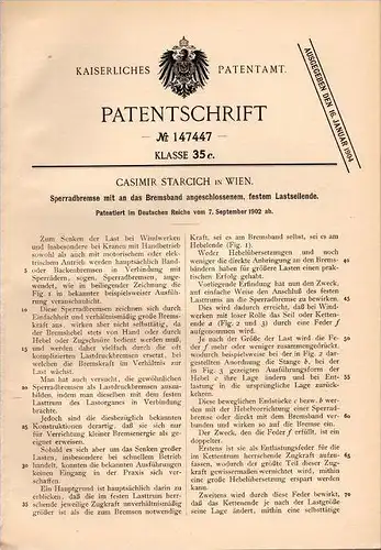 Original Patentschrift - C. Starcich in Wien , 1902 , Sperrbremse , Bremse !!!
