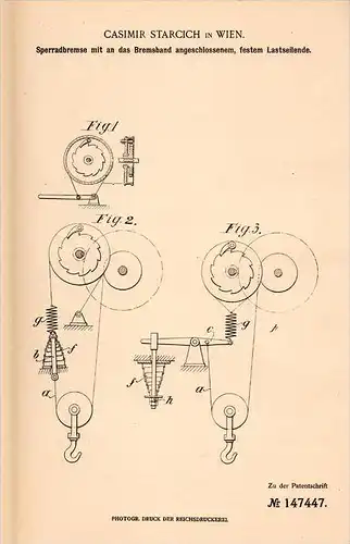 Original Patentschrift - C. Starcich in Wien , 1902 , Sperrbremse , Bremse !!!