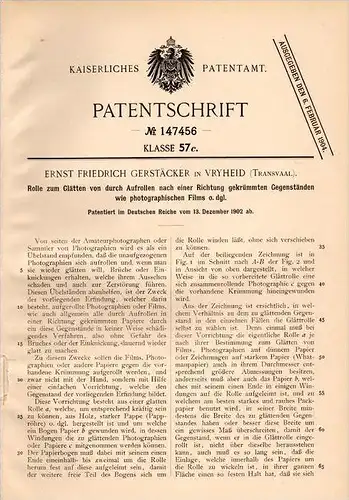 Original Patentschrift - E. Gerstäcker in Vryheid , Südafrika ,1902, Rolle für photogr. Film , Photographie , AbaQulus !