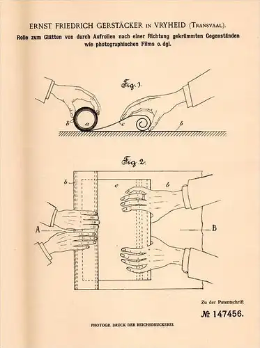 Original Patentschrift - E. Gerstäcker in Vryheid , Südafrika ,1902, Rolle für photogr. Film , Photographie , AbaQulus !