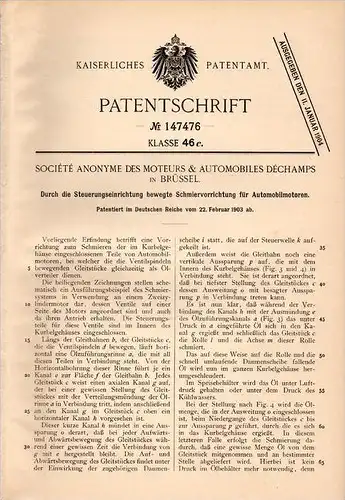 Original Patentschrift - Société des Moteurs & Automobiles in Brüssel , 1903 , Schmierung für Automobil - Motoren !!!