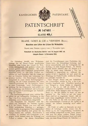 Original Patentschrift - Blaise , Gohy & Cie in Verviers , 1902 , Maschine für Webstuhl , Weberei , Weben !!!