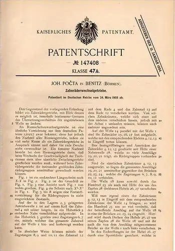 Original Patentschrift - Joh. Pocta in Benice / Benitz i. Böhmen , 1903 , Zahnrad - Wechselgetriebe , Getriebe !!!