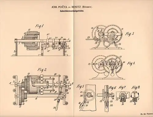 Original Patentschrift - Joh. Pocta in Benice / Benitz i. Böhmen , 1903 , Zahnrad - Wechselgetriebe , Getriebe !!!