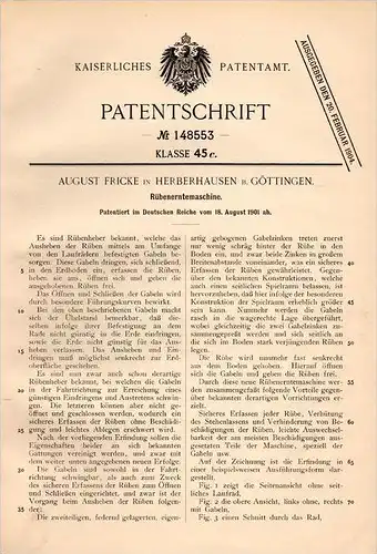 Original Patentschrift - A. Fricke in Herberhausen b. Göttingen , 1901, Rüben - Erntemaschine , Landwirtschaft !!!