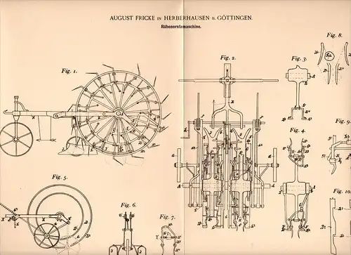 Original Patentschrift - A. Fricke in Herberhausen b. Göttingen , 1901, Rüben - Erntemaschine , Landwirtschaft !!!