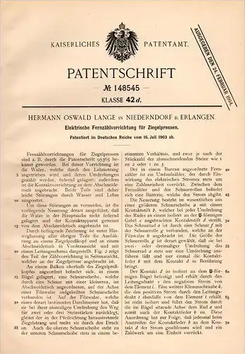Original Patentschrift - H. Lange in Niederndorf b. Erlangen , 1903 , Apparat für Ziegelpresse , Ziegelei , Ziegel !!!