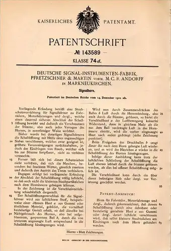 Original Patentschrift - Pfretzschner & Martin in Markneukirchen , 1902 , Signalhorn für Automobile , Motorrad !!!