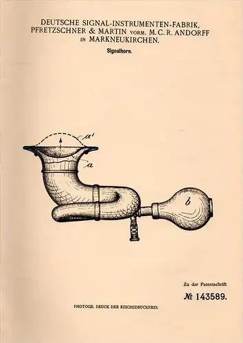 Original Patentschrift - Pfretzschner & Martin in Markneukirchen , 1902 , Signalhorn für Automobile , Motorrad !!!