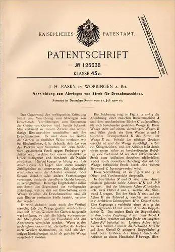 Original Patentschrift - J.H. Rasky in Worringen b. Köln a.Rh.,1900, Apparat für Dreschmaschine , Landwirtschaft , Agrar