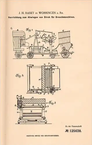 Original Patentschrift - J.H. Rasky in Worringen b. Köln a.Rh.,1900, Apparat für Dreschmaschine , Landwirtschaft , Agrar