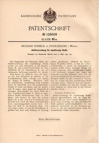 Original Patentschrift - R. Riebeck in Ennigerloh i. Westf., 1901 , Apparat für staubförmige Stoffe , Staub !!!