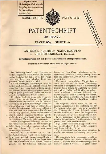 Original Patentschrift - A.H. Bouwens in `s- Hertogenbosch , 1906 , Butter - Formpresse , Presse !!!