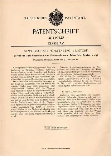 Original Patentschrift - Gewerkschaft Fürstenberg in Lintorf , 1900 , Walzen von Pfannen , Schaufeln und Spaten !!!