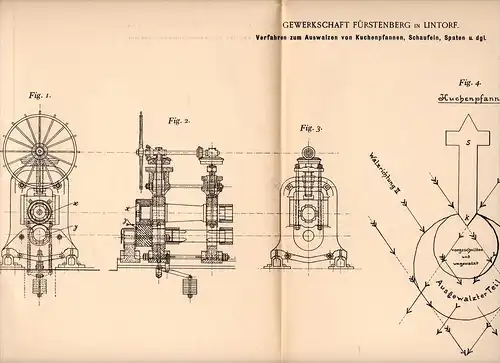 Original Patentschrift - Gewerkschaft Fürstenberg in Lintorf , 1900 , Walzen von Pfannen , Schaufeln und Spaten !!!
