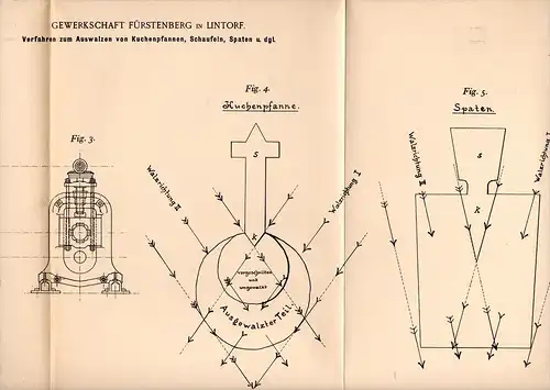 Original Patentschrift - Gewerkschaft Fürstenberg in Lintorf , 1900 , Walzen von Pfannen , Schaufeln und Spaten !!!