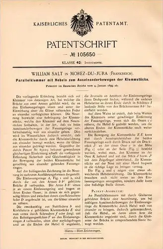 Original Patentschrift - W. Salt in Morez du Jura , 1899 , Dispositif de lunettes, opticien, ophtalmologue !!!