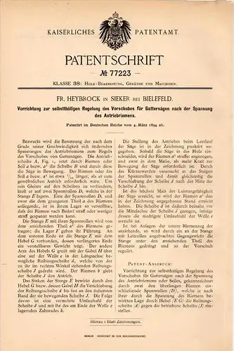 Original Patentschrift -F. Heybrock in Sieker b. Bielefeld ,1894, Apparat für Gattersägen , Sägewerk , Tischlerei , Holz
