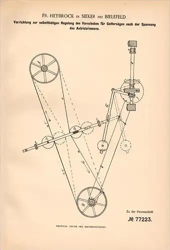 Original Patentschrift -F. Heybrock in Sieker b. Bielefeld ,1894, Apparat für Gattersägen , Sägewerk , Tischlerei , Holz