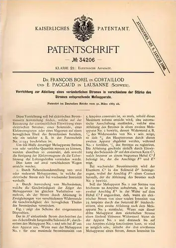 Original Patentschrift - Dr. F. Borel und E. Paccaud in Cortaillod , 1885 , Meßapparat - Strom , Elektrik , Lausanne !!!