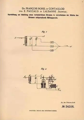 Original Patentschrift - Dr. F. Borel und E. Paccaud in Cortaillod , 1885 , Meßapparat - Strom , Elektrik , Lausanne !!!