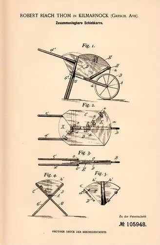 Original Patentschrift - R. Thom in Kilmarnock , Ayr , 1898 , wheelbarrow , barrow , scotland !!!