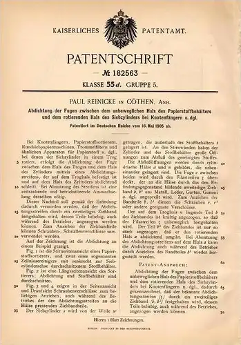 Original Patentschrift - P. Reinicke in Cöthen i. Anhalt , 1905 , Abdichtung für Papierbehälter , Papier , Köthen !!!