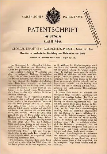 Original Patentschrift - G. Lemaitre dans Courcelles Presles , 1901 ,Machine pour maillons de la chaîne !!!