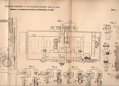 Original Patentschrift - G. Lemaitre dans Courcelles Presles , 1901 ,Machine pour maillons de la chaîne !!!